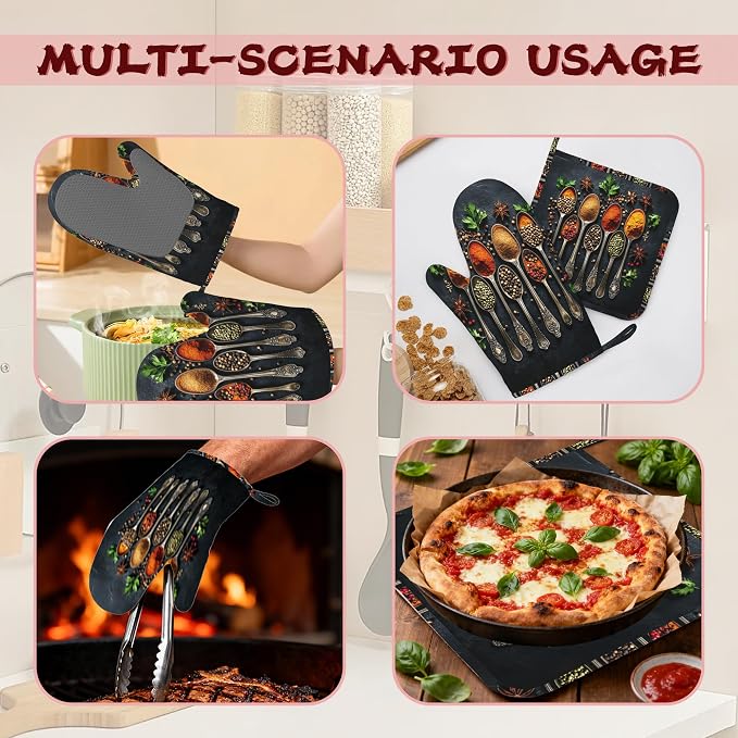 Cooking Herbs Spices Heat-Resistant Silicone Oven Mitts and Pot Holders 4 Piece Set,Extra Long Non-Slip Kitchen Oven Gloves for Cooking, Baking, BBQ,Grilling
