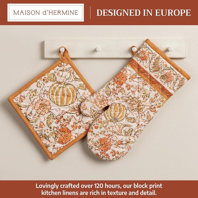 Maison d' Hermine 100% Cotton Oven Mitt & Pot Holder Set (7.5"x13" & 8"x8") | Heat Resistant BBQ Cooking Gloves with Loop Baking Grilling Kitchen Home Farmhouse Thanksgiving Christmas - Pumpkin Spice