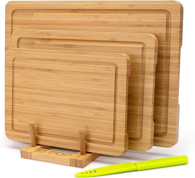 Bamboo Cutting Board Set, 3-Piece Cutting Board with Stand for Kitchen | Different Size, Chopping Board with Juice Groove, Serving Board, Ideal for Meat, Vegetables and Cheese