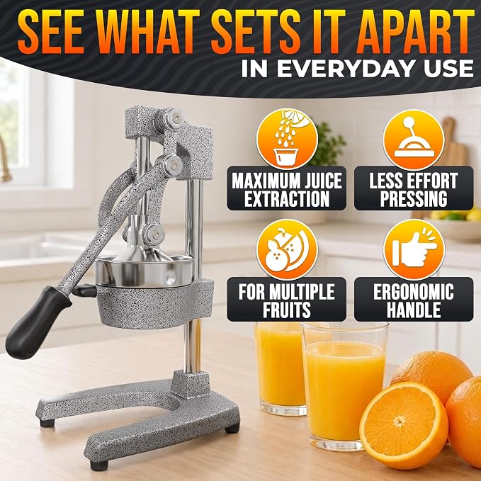 Cast Iron Juicer Hand Press, Heavy-Duty Squeezer, 304 Stainless Steel Bowl – One Pull Extracts Full Juice – Manual Citrus Press Juicer & Orange Squeezer for Lemon, Lime & Lemonade at Home Bar (Silver)