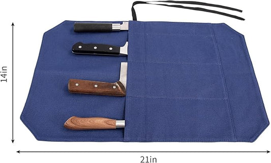 HERSENT A Chef's Knife Roll Bag - Portable Travel Chef Knife Case Carrier Holder Storage Bag With 4 Slots Best Gift For Pro Chef Or Culinary Enthusiasts Men Women HGJ03-P (Navy Blue)