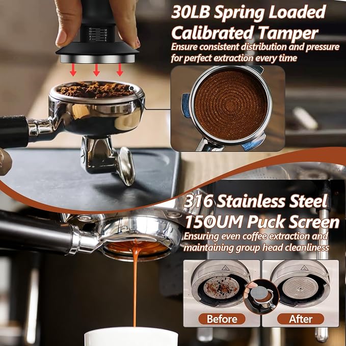 7 Pcs 53mm Espresso Accessories Kit, Spring Loaded Calibrated Tamper, WDT Tool, Coffee Measuring & Espresso Cup and Tamper Mat, Puck Screenr & Dosing Funnel, Fit 54mm Espresso Machines & Portafilters