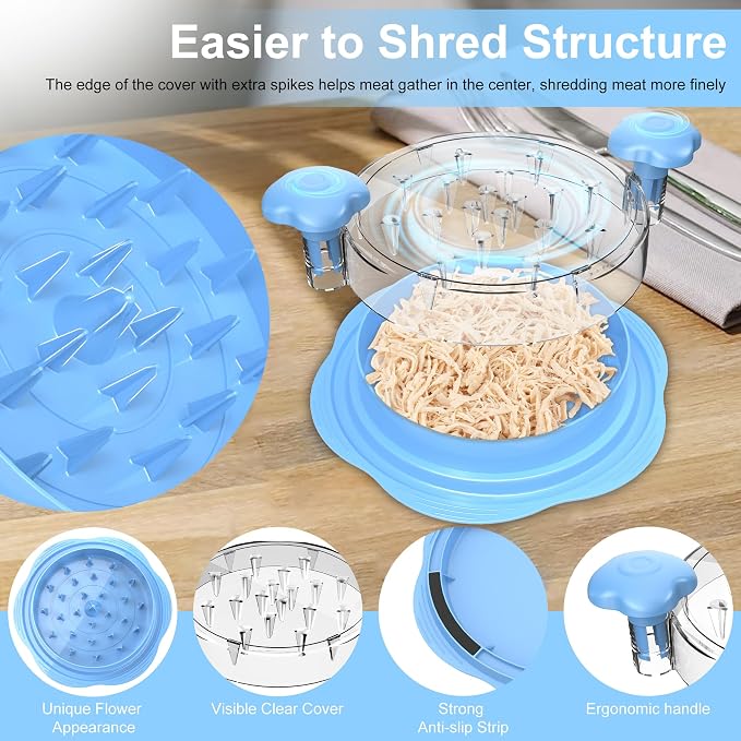 Chicken Shredder Tool Twist Large Meat Shredder with Brush&Fork, Sky Blue | Visible Chicken Breast Shredder, Strong Anti-Slip Strip, Ergonomic Handle, BPA Free, Kitchen Gadgets for Pork Beef Chicken