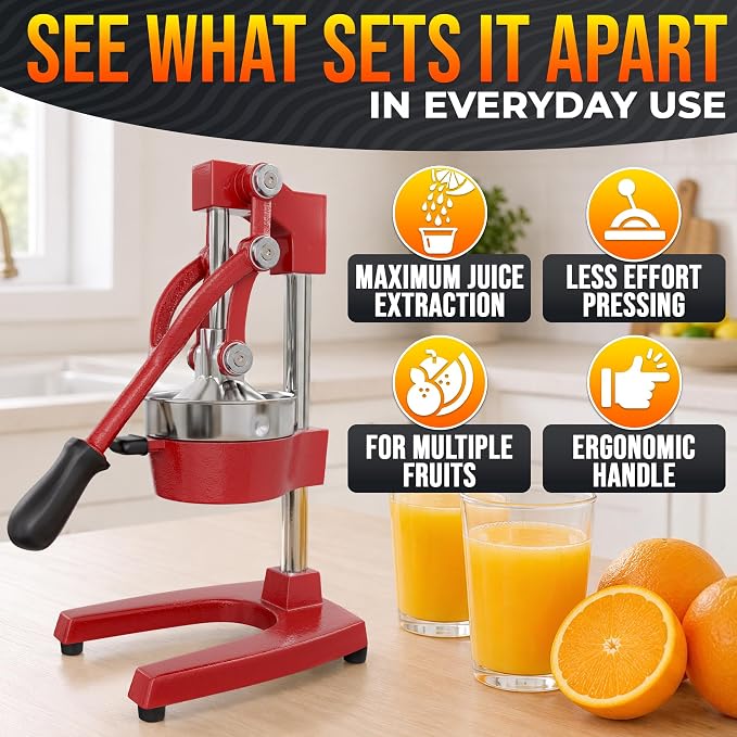 Cast Iron Juicer Hand Press, Heavy-Duty Squeezer, 304 Stainless Steel Bowl – One Pull Extracts Full Juice – Manual Citrus Press Juicer & Orange Squeezer for Lemon, Lime & Lemonade at Home Bar (Red)