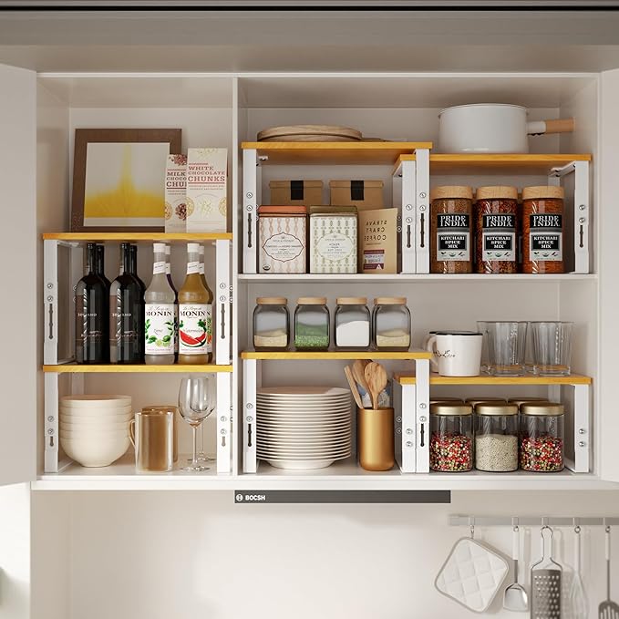 Adjustable Storage Shelves for Kitchen Cabinet Organization - Set of 2 Stackable Metal & Solid Wood Racks, Space-Saving Design for Countertop/Pantry/Garage, Easy Assembly(1 Pack/Medium/White)