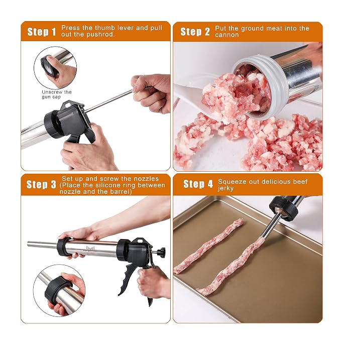 MogaMax Large Capacity Jerky Gun Kit Stainless Steel Shooter & Cannon, Beef & Deer Meat Maker with 6 Nozzles, 7 Cleaning Brushes & Meat Pusher Sausage Maker for Home, BBQ & Gifts for Men & Women