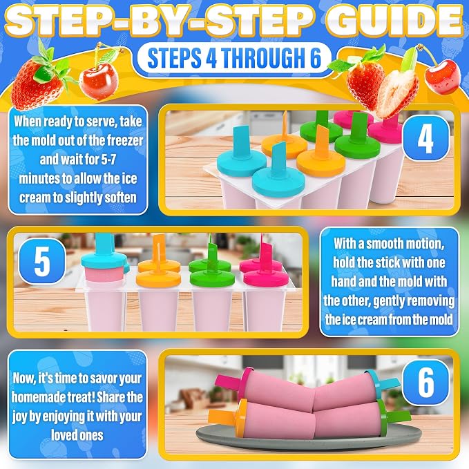 8 Pcs Popsicles Molds Round Set - Reusable Popsicle Molds With Sticks, Multi-Servings & Dishwasher-Safe Popsicle Makers for the Freezer - Ice Pop Mold for Berries, Fruits, Yogurt, Juice & Ice Cream
