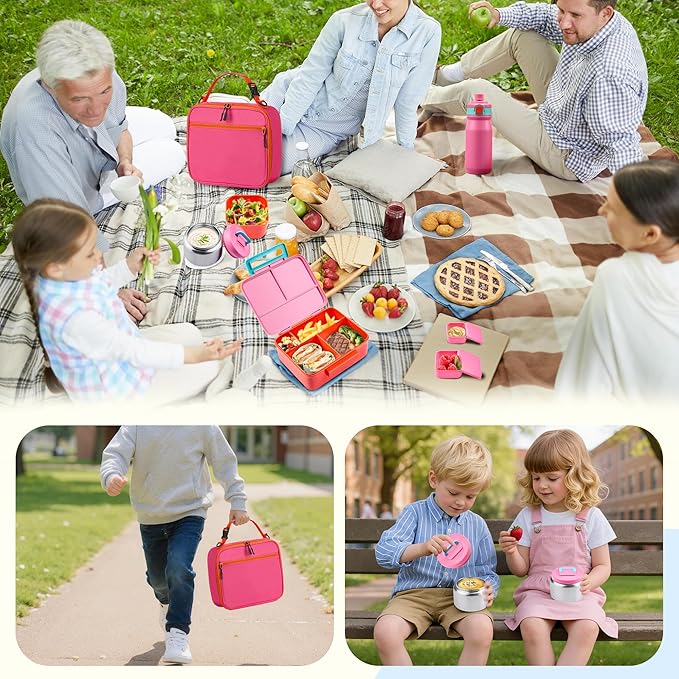 MAISON HUIS Bento Box for Kids with 8oz Soup Thermo, Leak-proof Lunch Food Containers with 5 Compartment, Insulated Lunch Bag & 17oz Stainless Steel Water Bottle for School, Trvael