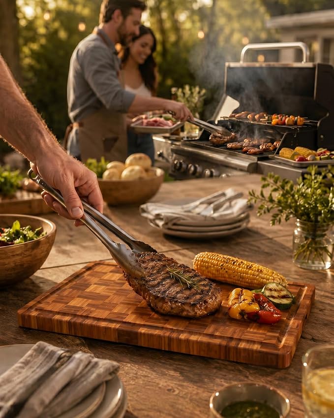 Brown Bamboo Cutting Board 18" x 12", Heavy Duty Checkered End Grain Butcher Block for Kitchen, Wooden Chopping Board with Deep Juice Grooves and Handles for Meat, Vegetables, Dough and Meal Prep
