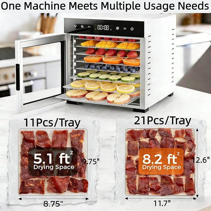 Simple Deluxe Food Dehydrator Machine, Fruit Dryer Machine with 8 Stainless Steel Trays, 24H Digital Timer 185°F Temperature Control, 500W Food Dryer for Jerky Meat Herb Fruit and Dog Treat, Silver