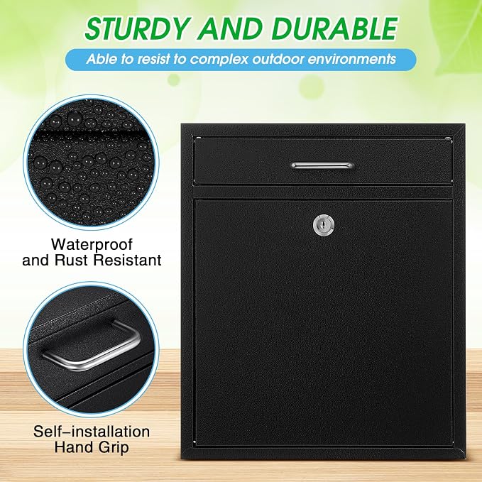 Yaocom Locking Mailbox with Key for Outdoor 14 x 12 x 4 Inches Large Wall Mount Mail Box with Lock Security Mail Drop Metal Collection Boxes Hanging Secure Postbox (Black)