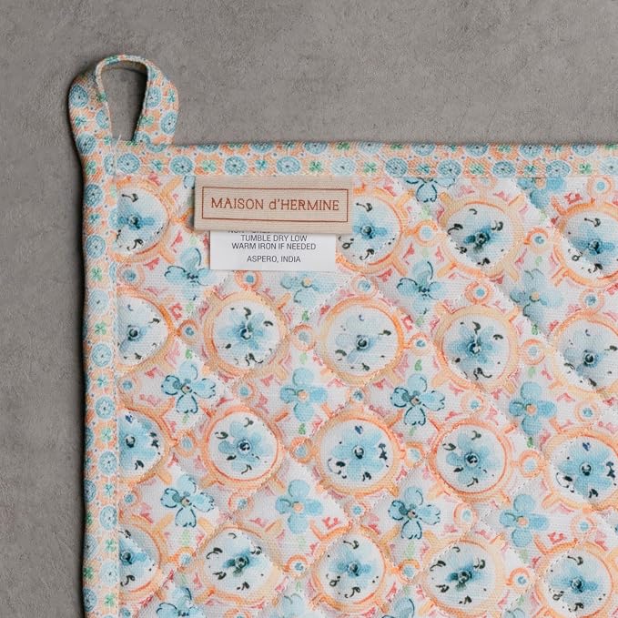 Maison d' Hermine 100% Cotton Oven Mitt & Pot Holder Set (7.5"x13" & 8"x8") | Heat Resistant BBQ Cooking Gloves with Loop Baking Grilling Kitchen Hotel Home Farmhouse Spring Summer - Summer Whisper