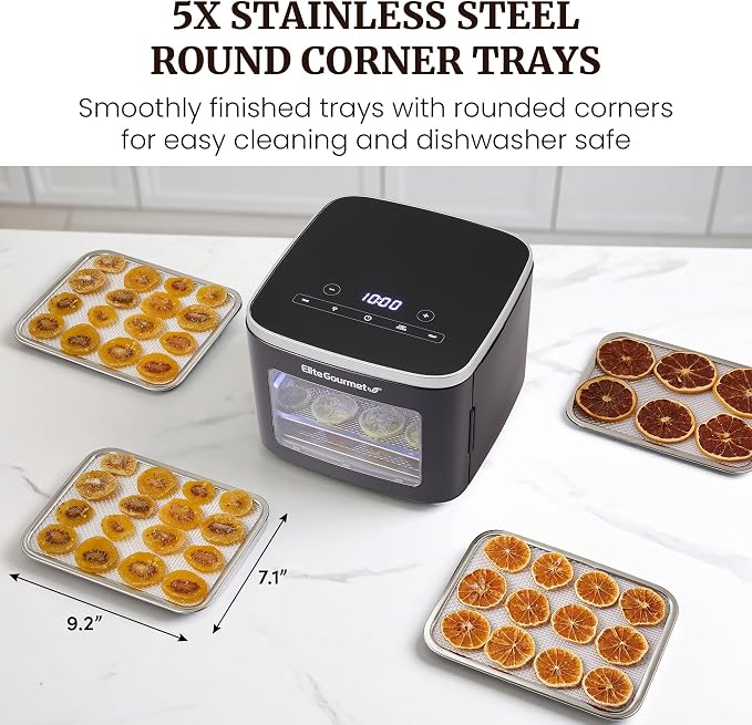 Elite Gourmet 5-Tray Digital Food Dehydrator with Stainless Steel | Adjustable Temp & Timer, Keep Warm, Light, Black, EFD809D