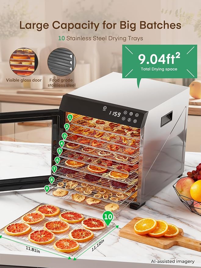 FOHERE Food Dehydrator 1000W 10 Trays with Digital Timer 176 Degrees | Large 9.04 square foot drying space with light. For dog treats, herbs, meat, fruit and yogurt.