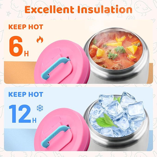 Lunch Box for Kids With 8oz Soup Thermo, Leak-proof Lunch Container with 2 Compartments, Thermo Food Jar Food Containers for Back to School Girls Boys (Pink)