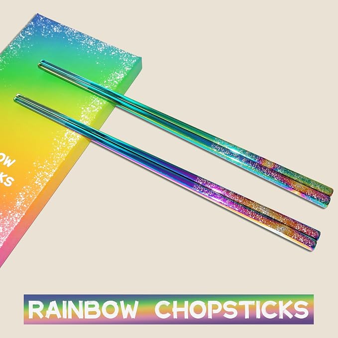 Stainless Steel Rainbow Chopsticks - 5 Pairs Reusable Metal Chopsticks with Non-Slip Tips, Dishwasher Safe, Colorful Utensil Set for Adults, Kids, Asian Cuisine, Sushi, Noodles, Home Kitchen or Gift