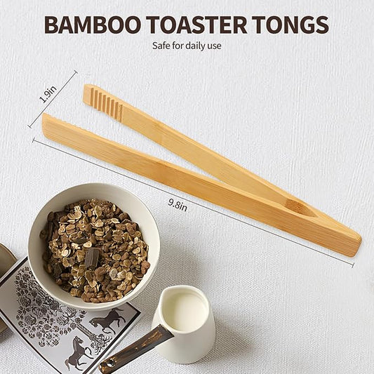 2 Pieces Natural Bamboo Toaster Tongs,9.8-Inch Long Bamboo Toast Tongs with Anti-slip Design,Heat-Resistant Tongs for Cooking and Serving