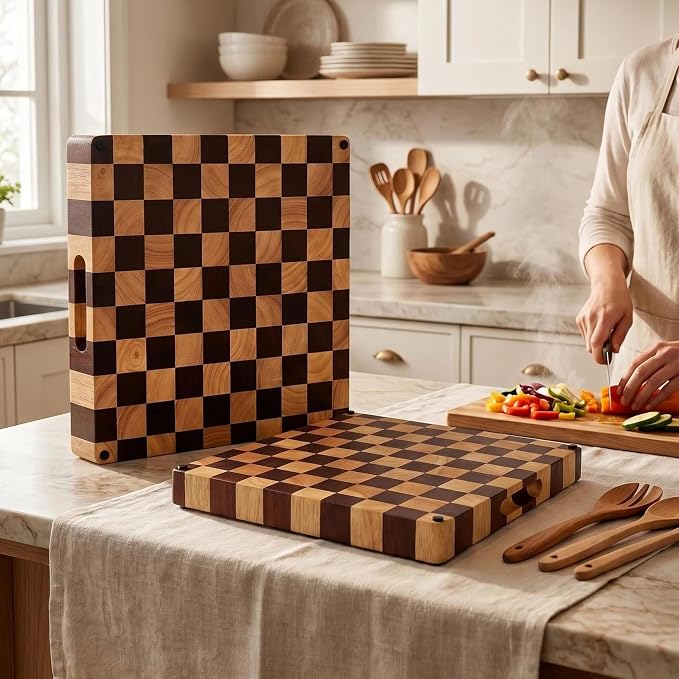 Checkered End Grain Butcher Block Cutting Board | 13" x 13" x 1.5" Thick | Acacia & Rubber Wood | Reversible | Heavy Duty Food Prep & Serving