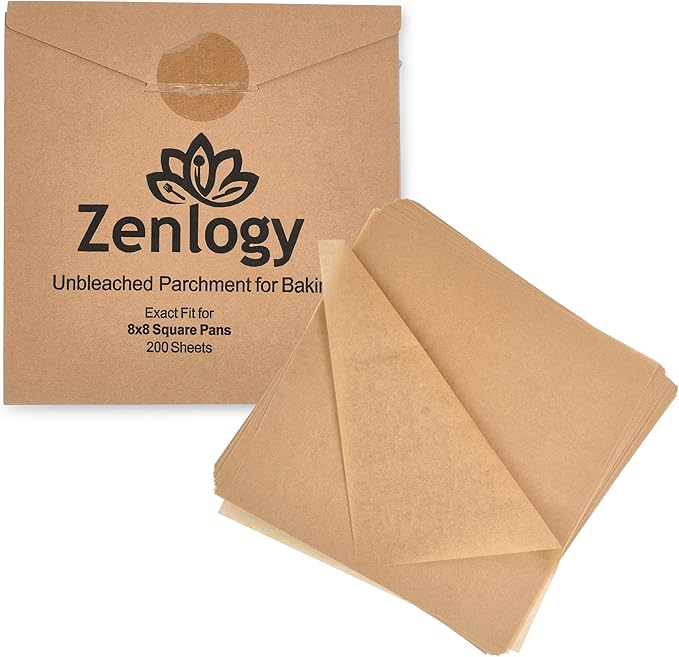 Zenlogy 8x8 Parchment Squares (200 sheets) - Unbleached, Non-stick, Pre-cut Parchment Paper - Fits 8x8 Brownie Square Pans and Toaster Oven Trays, and Air Fryer - Great for Wraps, Baking, Roasting