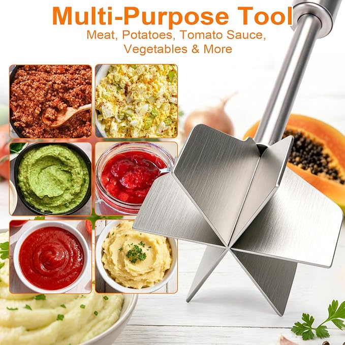 Palksky Meat Masher, 11 Inch Stainless Steel Ground Beef Masher with 6-Blade Head, Heavy Duty Meat Chopper for Ground Beef, Hamburger Smasher Tool for Potatoes, Chicken and Meal Prep