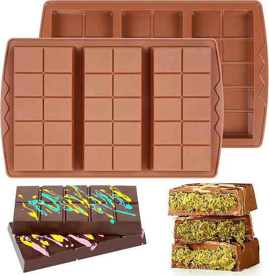 2 Pcs Dubai Chocolate Bar Mold Deep Silicone 0.85 Inch Large Stuffed Chocolate Molds Nonstick Break Apart Square Shape Thick Candy Bar Molds