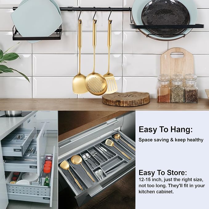 Gold Kitchen Cooking Utensils Set 13 PCS Stainless Steel 12-13.7" | Food-grade 304, Dishwasher Safe,Rust-proof, Made To Last,Easy To Store,Good Choice for Presents
