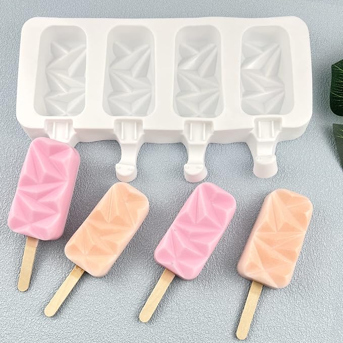 Ice Cream Popsicle Silicone Mold Set of 2, 8-Cavity Chocolate Cake Fondant Molds, Home DIY Popsicle Tools, BPA Free, Reusable and Easy to Clean Homemade Popsicle Maker with 50 Wooden Sticks