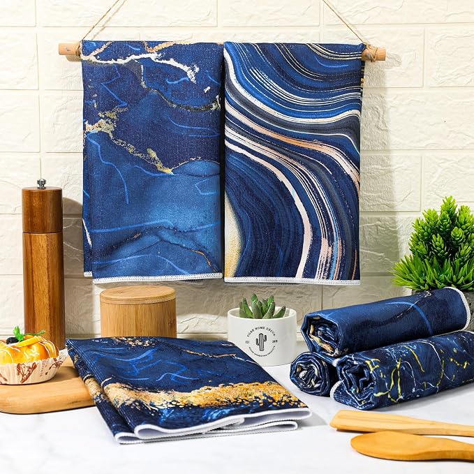 Boyiee 6 Pcs Marble Hand Towels Blue and Gold Towels Navy Blue Kitchen Towel Modern Gifts Absorbent Soft Decorative Dish Cloths Tea Towel Set Kitchen Decor Ocean Gift for Holiday Farmhouse Bathroom
