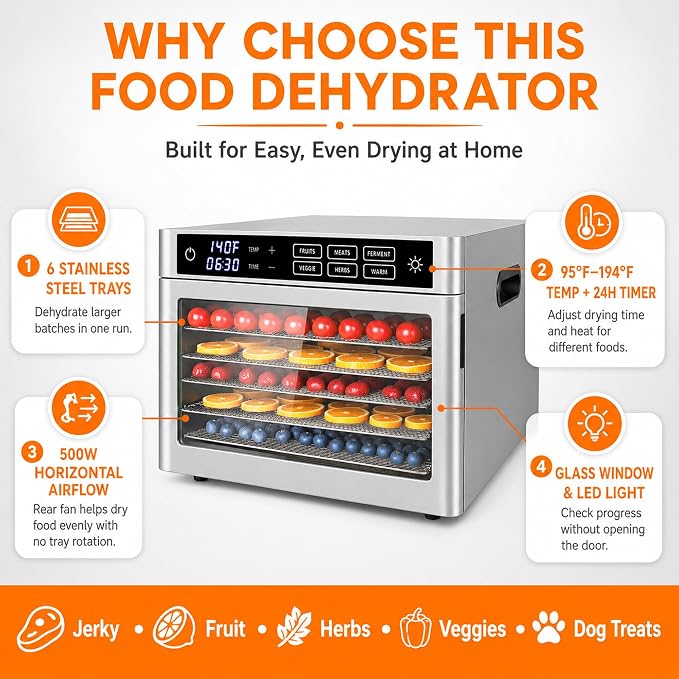 6-Tray Stainless Steel Food Dehydrator | jerky maker fruit dryer herb dehydrator dog treat maker digital food dehydrator countertop dehydrator