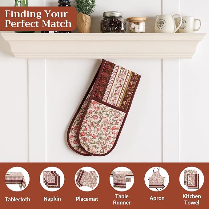 Maison d' Hermine Double Oven Mitts 100% Cotton Double Oven Glove (7"x35") | Heat Resistant BBQ Cooking Gloves with Loop Baking Kitchen Home Hotel Farmhouse Thanksgiving Christmas - Reveillon Au Jardin