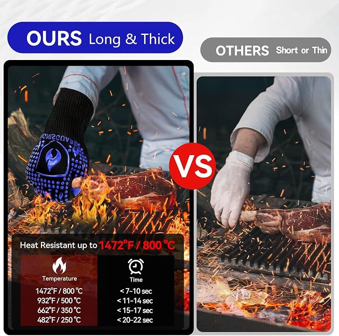 BBQ & Grill Gloves, Oven Gloves, 1472°F Silicone Oven Mitts Heat Resistant Grilling Gloves Fireproof Non-Slip for Barbecue Cooking Baking Smoking, 1-Pair (Blue, Medium)