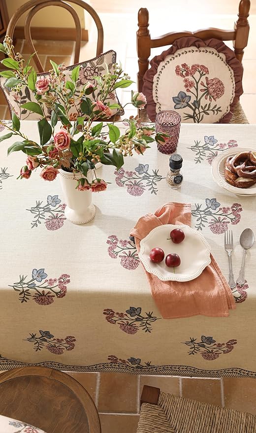 ISAENNE Designer Linen Light Beige Long Tablecloth Rectangle,French Colorful Floral Table Cloth,Stain Resistant Decor Tablecloths for Dining Thanksgiving Christmas Kitchen,63"*94"-Helena E