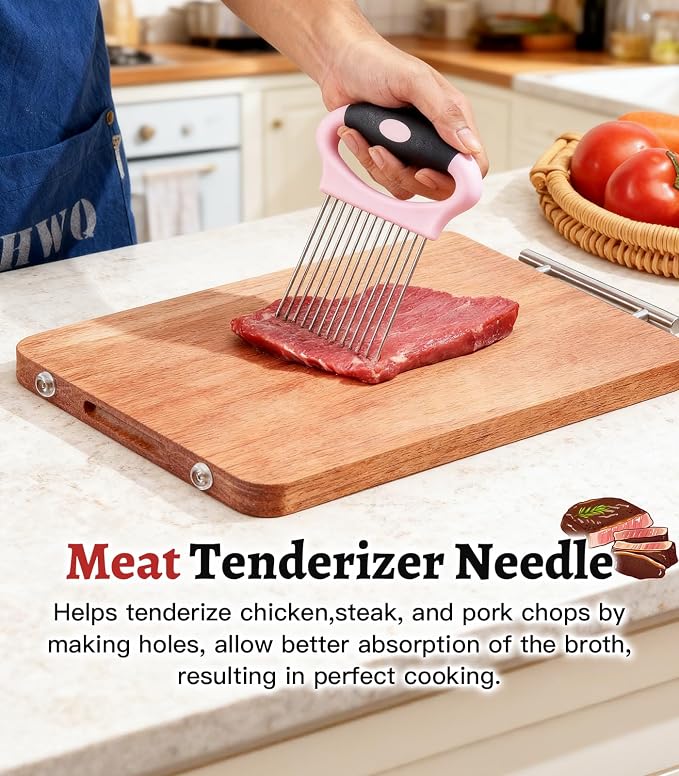 Large Onion Slicer Holder, Stainless Steel Onion Holder for Slicing, Onion Cutter Vegetable Chopper with 14 Sharp Needles for Slicing of Tomato Avocados & Meat Tenderizer, Kitchen Gadgets for Cooking