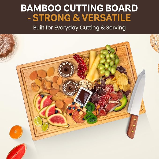 Wood Cutting Board for Kitchen - 1 Inch Thick Bamboo Wooden Chopping Board, Butcher Block Cutting Board with Juice Groove, Handles, Large Meat Cutting Board, Charcuterie Serving Board, 16 x 11