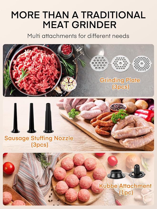 FOHERE Electric Meat Grinder for Home Use 3200W Max Heavy duty | meat mincer with 2 blades, 3 grinding plates, 3 sausage stuffer tubes and Kubbe kit