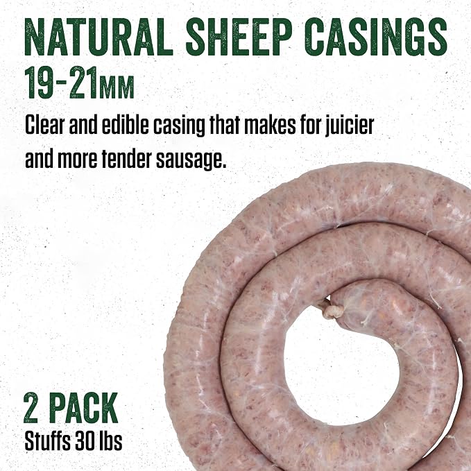 LEM Products Natural Sheep Casings, 19–21mm Edible Sausage Casings for Snack Sticks, Hot Dogs, Breakfast Sausage, Pepperoni, Salami, Homemade Sausages, Stuffs Approx. 30 lbs, 5.1 Ounce Package, 2 Pack