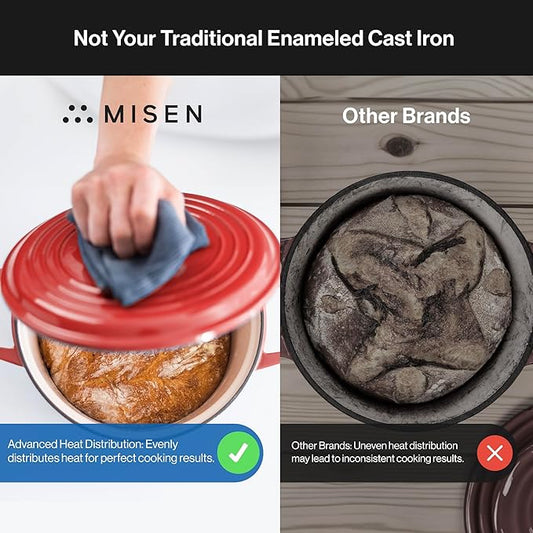 Misen 7 QT Enameled Cast Iron Dutch Oven - Chip-Resistant Enamel Coating - Thick Iron Core For Heat Retention - Large Cooking Surface - Oven Safe, Induction Compatible - Grill and Silicone Lid, Red