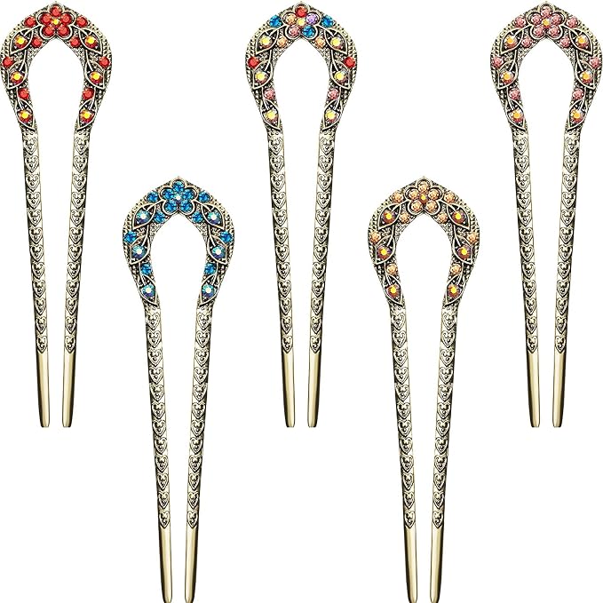 Waydress 5 Pcs Vintage Hair Fork French Hair Pin for Buns Metal Chignon Pin Chopsticks Crystal Rhinestone Double Prong Hairpin Stick U Shaped Bun Accessories for Women(Elegant Pattern)