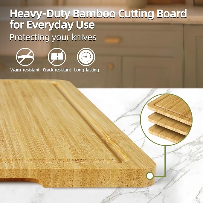Labeled Cutting Board Set of 4, Bamboo Chopping Boards with Food Icons | Charcuterie Board Serving Tray with Juice Groove & Handles, Ideal for Meat, Vegetables, Fruits, Cheese