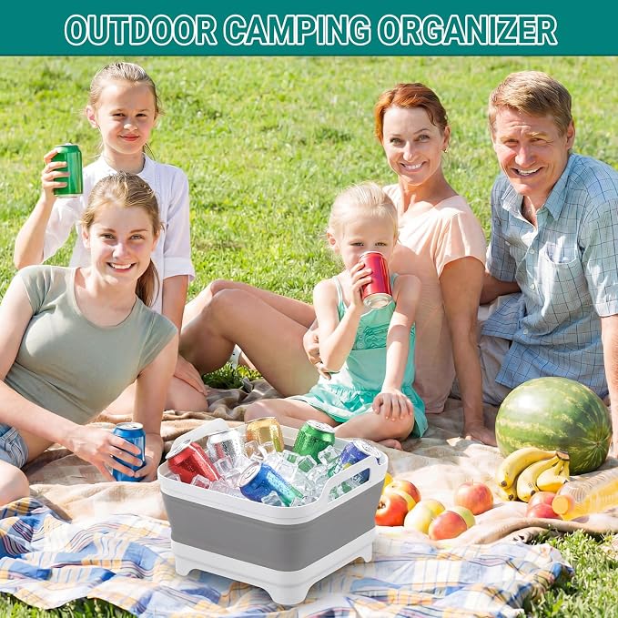 Yecuip Collapsible Baby Bottle Wash Basin w/Drying Rack & Drain Plug, Gray | 2.4 Gallon Foldable Dish Tub w/Handles,Portable RV Camping Sink & Space-Saving Wash Bin with Lid for Kitchen,Travel & Outdoor