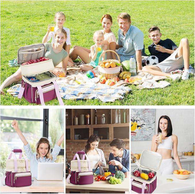 holuxer Insulated Lunch Bag & Lunch Box for Women - Double Deck Reusable Lunch Bag for men Tote Cooler Bag Leakproof Soft Expandable - Large Lunchbox for Work/Adult/Picnic/Outdoor (Light Purple，15L)