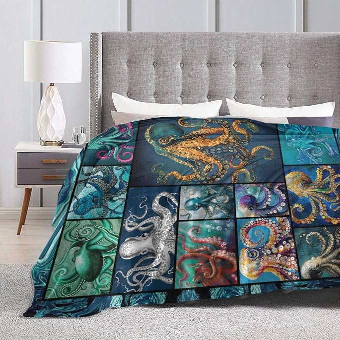 Ocean Octopus Blanket Soft Octopus Flannel Fleece Blanket Cozy Warm Nautical Octopus Stuff Decor Bedding Plush Throw Blanket Octopus Gifts for Lovers Girls Boys Kids Women Adults Bed Travel 50"x60"