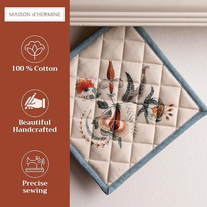 Maison d' Hermine Pot Holders 100% Cotton Potholders (8" x 8", Pack of 2) | Heat Resistant Hot Pads with Loop BBQ Cooking Baking Hotel Kitchen Handling Hot Pans Thanksgiving Christmas - Dalida