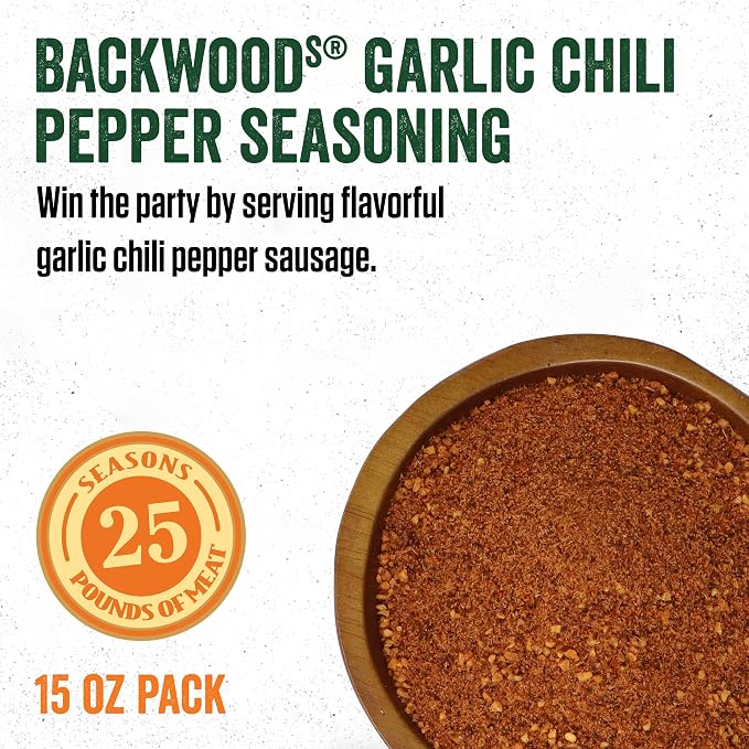 LEM Products Backwoods Garlic Chili Pepper Fresh Sausage Seasoning, 15 oz | Pre-Measured Seasoning for Wild Game and Domestic Meat, Seasons Up to 25 Pounds of Meat for Homemade Sausages