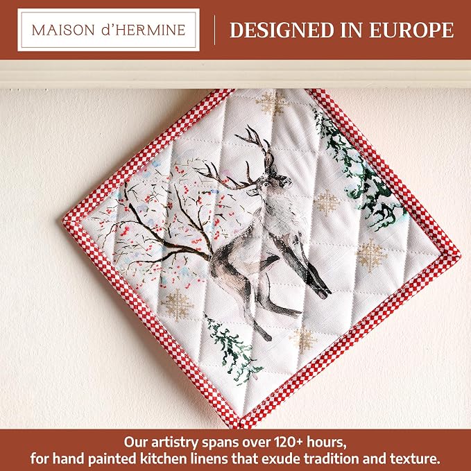 Maison d' Hermine Pot Holders 100% Cotton Potholders (8" x 8", Pack of 1) | Heat Resistant Hot Pads with Loop BBQ Cooking Baking Hotel Kitchen Handling Hot Pans Thanksgiving Christmas - Rural Christmas