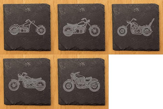 Gear Up Your Decor: Unique Motorcycle Coasters in Natural Slate - Square Slate - Set of 5