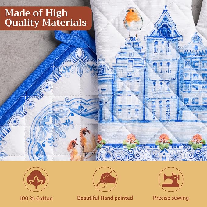 Maison d' Hermine 100% Cotton Oven Mitt & Pot Holder Set (7.5"x13" & 8"x8") | Heat Resistant BBQ Cooking Gloves with Loop Baking Grilling Kitchen Hotel Home Farmhouse Spring Summer - Amsterdam Canals