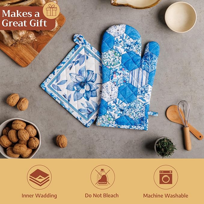 Maison d'Hermine Oven Gloves 100% Cotton Oven Mitt (7" x 13", Pack of 1) | With Loop Heat Resistant BBQ Cooking Gloves Baking Grilling Kitchen Handling Hot Pans Spring Summer - Summer Blues
