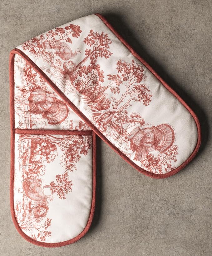 Maison d' Hermine Double Oven Mitts 100% Cotton Double Oven Glove (7"x35") | Heat Resistant BBQ Cooking Gloves with Loop Baking Kitchen Home Hotel Farmhouse Thanksgiving Christmas - Holy Jouy - Red