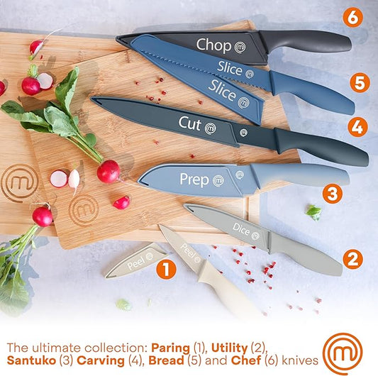 MasterChef Kitchen Knife Set with Covers, 6 Professional Chef Knives for Home Kitchens, Extra Sharp Cutting Stainless Steel Blades & Protective Sheaths, Soft-Touch Easy-Grip Handles, Nordic Blues